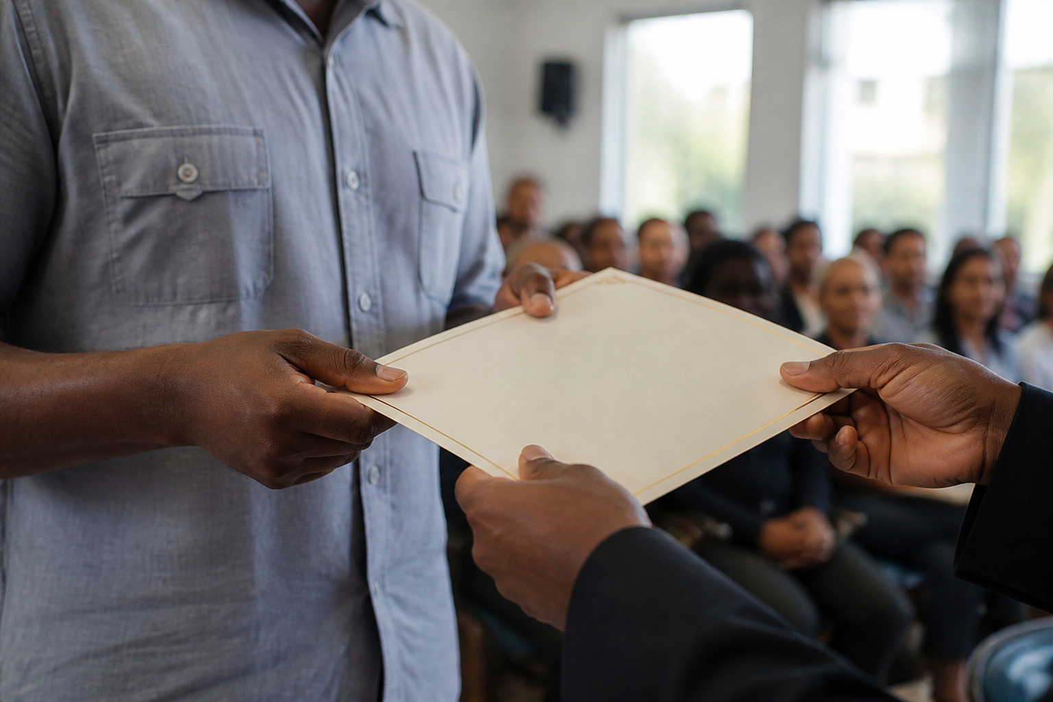 A certificate being handed over in a community hall