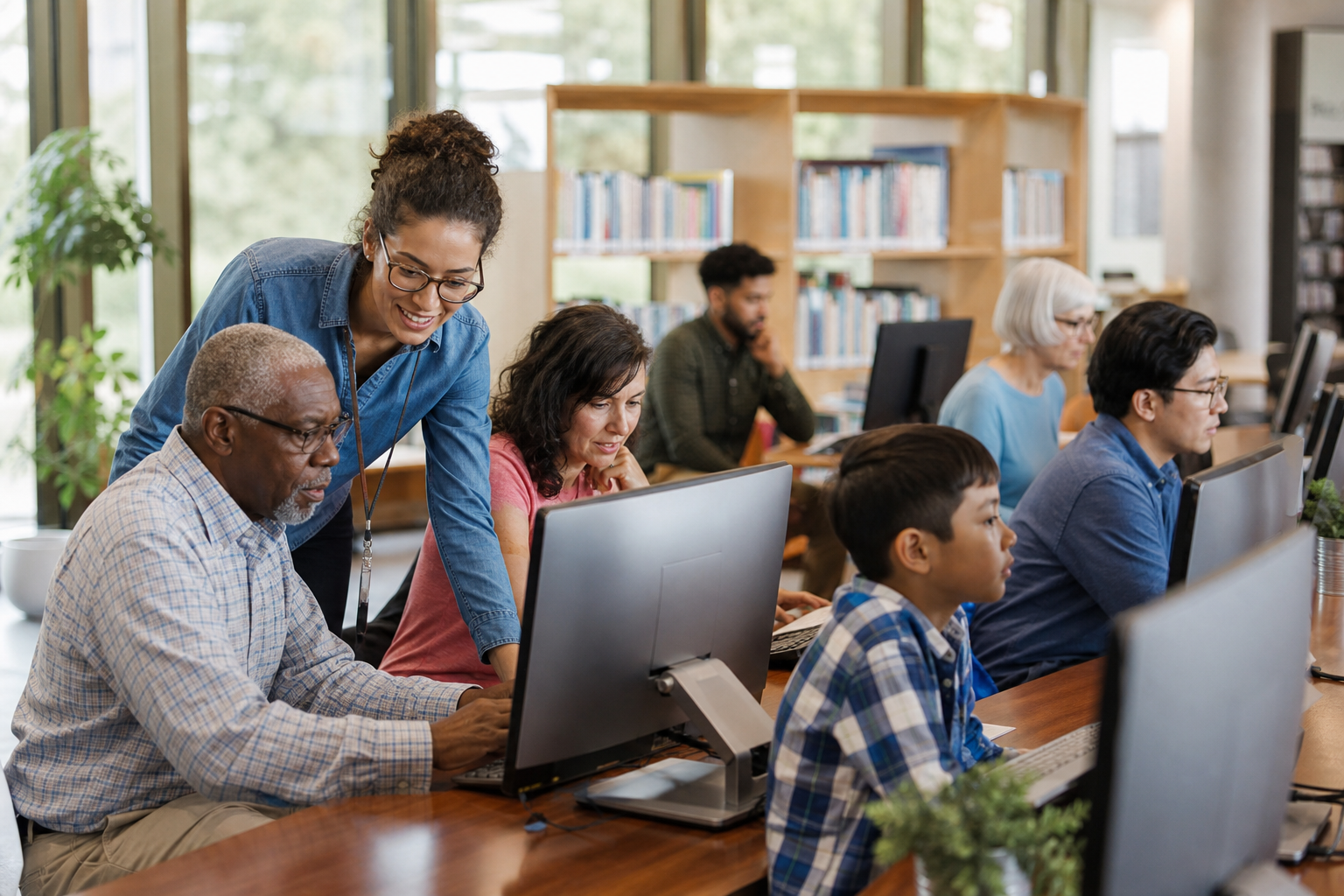 People using computers in a bright public library