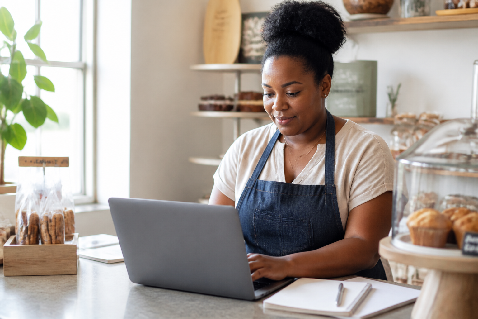 A shop owner using a laptop at a sunlit counter