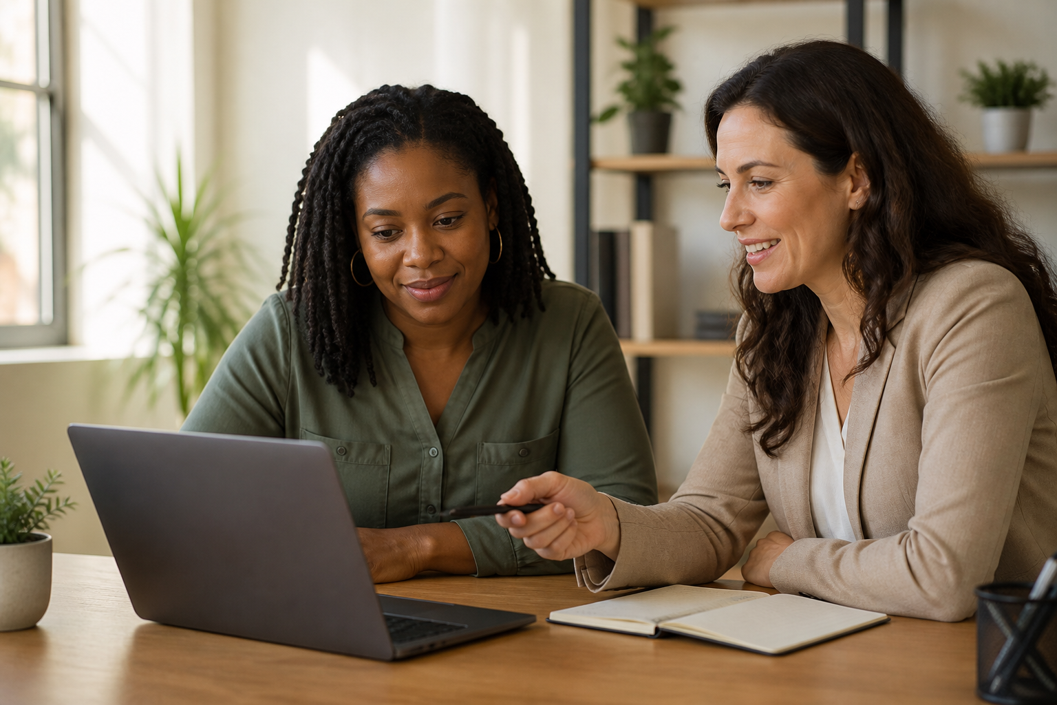 A career coaching session at a sunlit desk