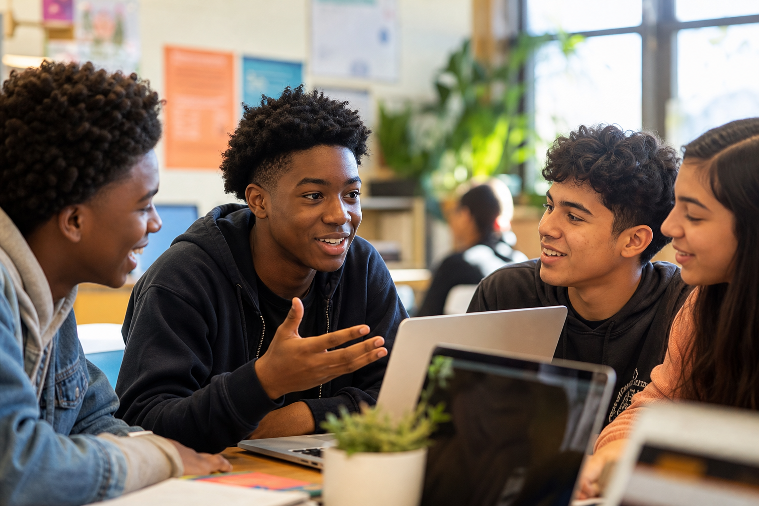 Young people learning together around laptops in a sunlit classroom
